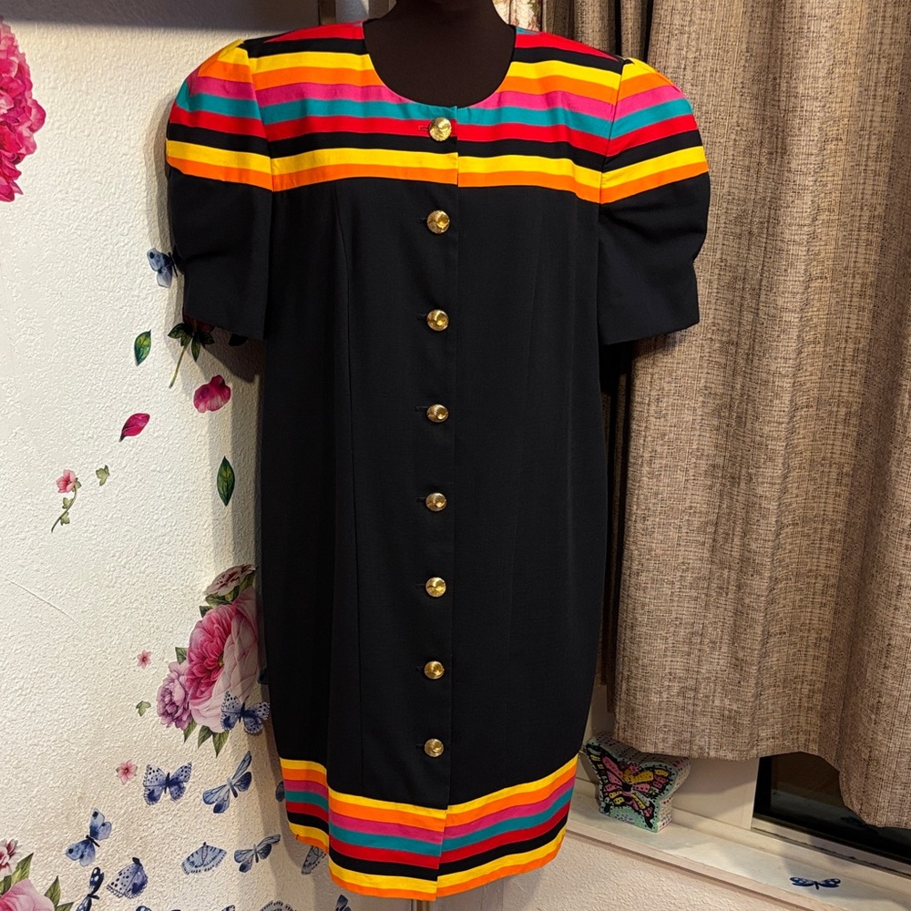 Vintage 1980’s Adrian Jordon black vibrant multicolor boxy midi dress. Size 14.